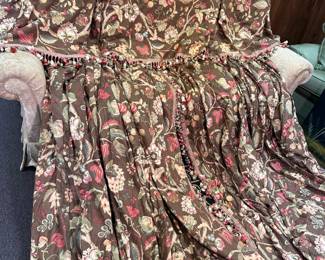 Custom window draperies & valance with Robert Kauffman Fabric, wood construction 20"D x 72"W, colorful tassel border on valance and curtain opening, two fully-closing panels 7ft. long (a few small washable spots on backing of panels)