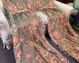 Custom designed draperies & valance, wood frame 60"L x 6"D, tassel fringe on valance and inside of each panel, panels are insulated & lined, 80"L and 22"W (designed to be tied or pulled back & not fully close over window)