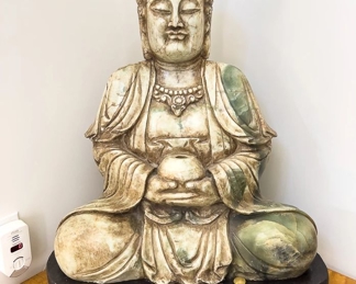 Monumental Solid Jade Seated Guan-Yin Carving And Wooden Corner Plinth