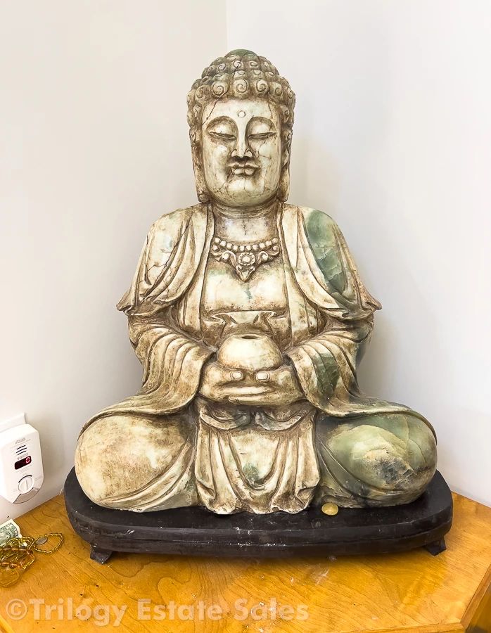 Monumental Solid Jade Seated Guan-Yin Carving And Wooden Corner Plinth