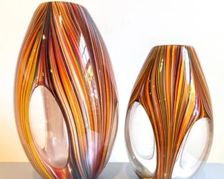 Two Orange Red Art Glass Vases Two Sizes Not Signed