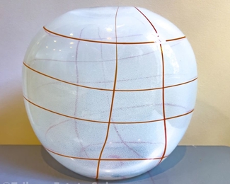 Henry Dean Signed Art Glass Frosted White With Red Lines Vase