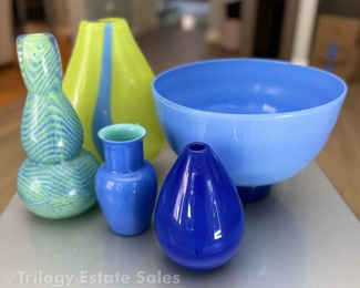 Collection Of SSGS Signed Art Glass Greens And Blues