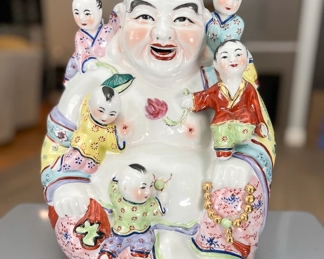 Large Chinese Porcelain Famille Rose Laughing Buddha With Children