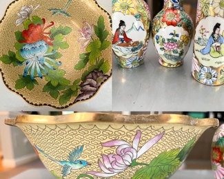 Cloisonne Bowl And Three Small Porcalain Vases