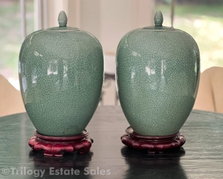 Pair Chinese monochrome celodon crackle glazed Covered Urns On Rosewood Bases