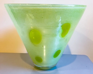 Henry Dean Signed Art Glass Green Polka Dot Vase