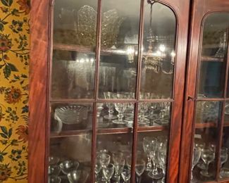 Estate of Jon & Emma Cram, Marietta, Ohio.  Period mahogany cabinet with center pull drawer, original glass, slight in size.  This piece would be beautiful in living area, bedroom and dinning ares.  Perfect size.