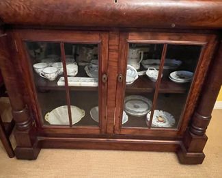 Estate of Jon & Emma Cram, Marietta, Ohio.  Period mahogany cabinet with center pull drawer, original glass, slight in size.  This piece would be beautiful in living area, bedroom and dinning ares.  Perfect size.