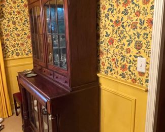 Estate of Jon & Emma Cram, Marietta, Ohio.  Period mahogany cabinet with center pull drawer, original glass, slight in size.  This piece would be beautiful in living area, bedroom and dinning ares.  Perfect size.