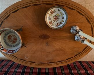 Early antique oval low table with marquetry bellflowers inlay