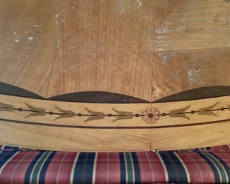 Early antique oval low table with marquetry bellflowers inlay