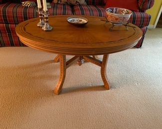 Early antique oval low table with marquetry bellflowers inlay. Estate of Jon & Emma Cram, Marietta, Ohio 