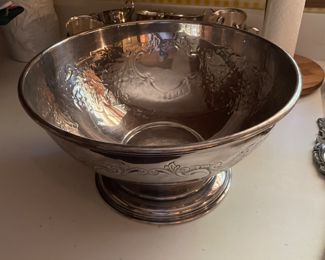 Estate of John & Emma Crum.   Antique English Barker Bros. (Barker Ellis), hand-chased punch bowl.  16 Gorham silver plate punch cups.
