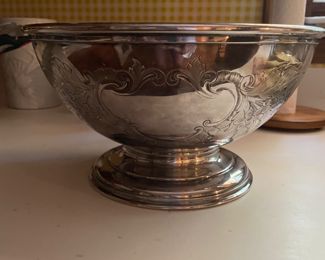 Estate of John & Emma Crum.   Antique English Barker Bros. (Barker Ellis), hand-chased punch bowl.  16 Gorham silver plate punch cups.
