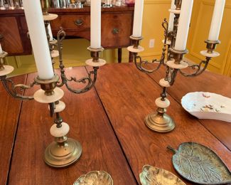 Antique brass and alabaster candleabras