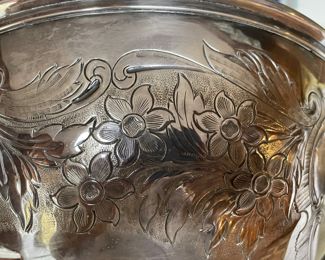 Estate of John & Emma Crum.   Antique English Barker Bros. (Barker Ellis), hand-chased punch bowl.  16 Gorham silver plate punch cups.