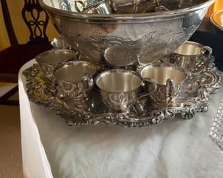  Early Barker Bros. (Barker Ellis) hand chased punchbowl.  24 silver plate Gorham punch cups.  Vintage Wallace tray.