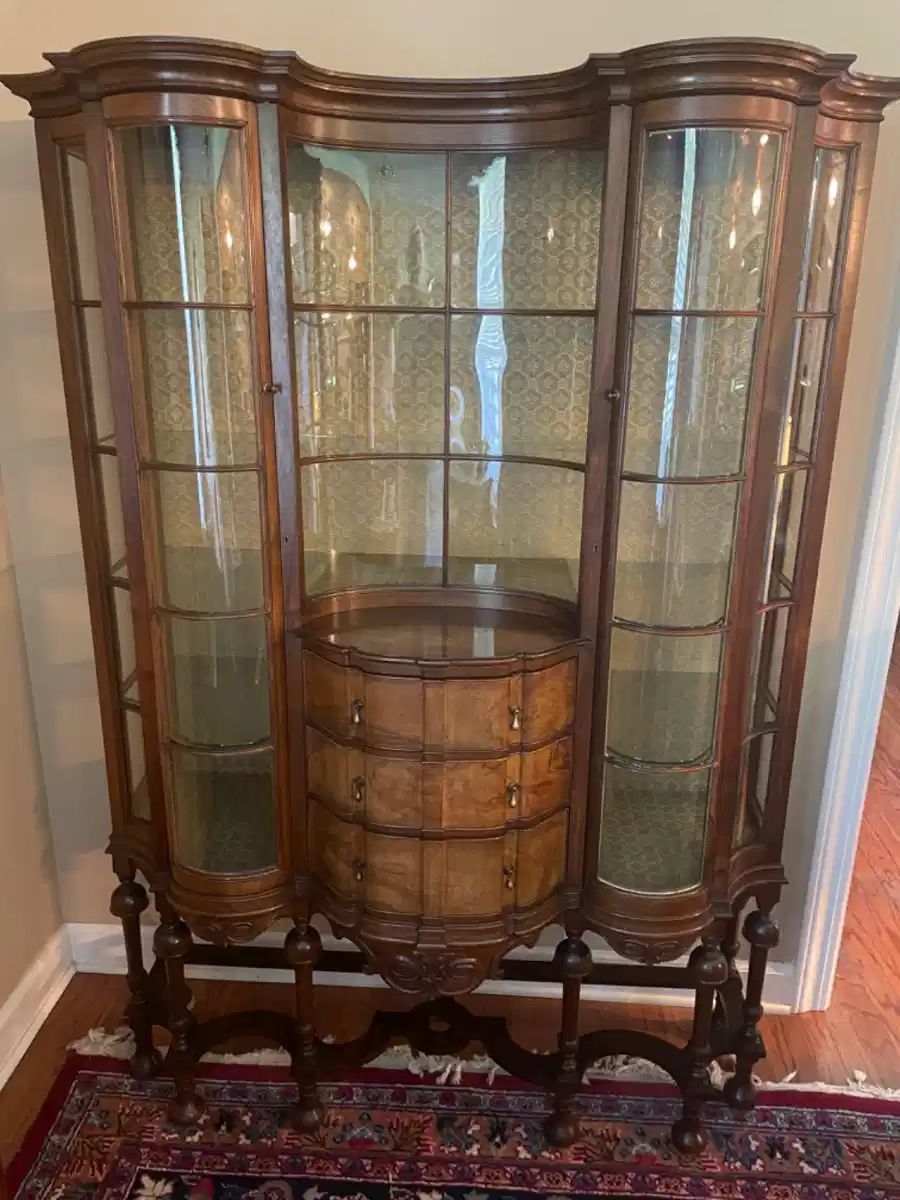 PERIOD William & Mary, English French style Display cabinet NOT too big.   46” wide, 64.5” tall, 16.5” deep.  Absolutely beautiful, original glass, excellent condition