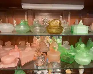 Satin glass dresser jar collection.  Some rare pieces