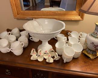 Vintage Milk Glass punch bowl with 36 matching cups.  Libby or McKay.   Just in time for Christmas or for a beautiful wedding.
