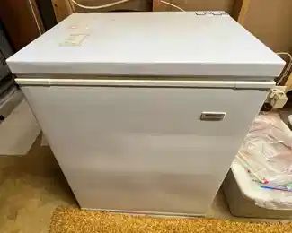 Frigidaire small freezer.   *Does not self-defrost* so it will need to be in a basement or garage that can handle a little dampness for when you have to defrost it at least once per year.