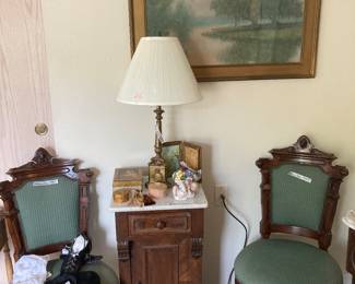 Carved Victorian chairs, antique MT commode, Heubach piano baby, Drysdale Louisiana Bayou painting