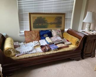 Empire Daybed, Drysdale Louisiana Bayou painting , MT commode, vintage linens and textiles