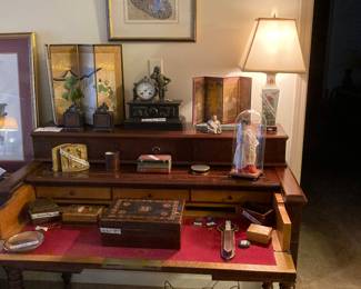 Antique Desk, Antique Chinese laps, French clock, Edo period screen, lap desk and other great items