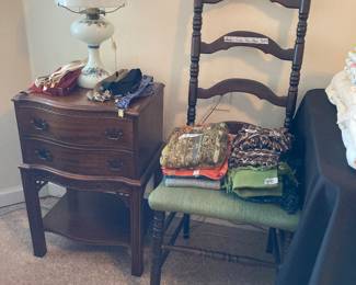 Ladder back chair, nightstand 
