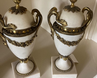 Pair of marble and brass urns