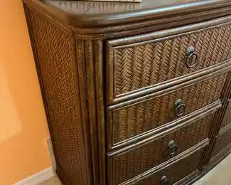 $750 	SET 3 pieces 
Henry Link Lexington Dresser brown rattan wicker 							
4'6Lx 21Dx42H & night chest marble top "3'Lx2""Wx32H & mirror 4'2""Hx44W"	