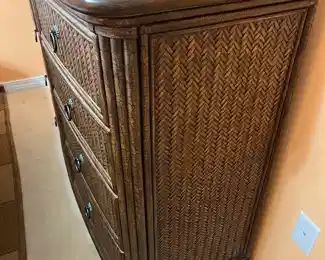 $750 	SET 3 pieces 
Henry Link Lexington Dresser brown rattan wicker 							
4'6Lx 21Dx42H & night chest marble top "3'Lx2""Wx32H & mirror 4'2""Hx44W"	