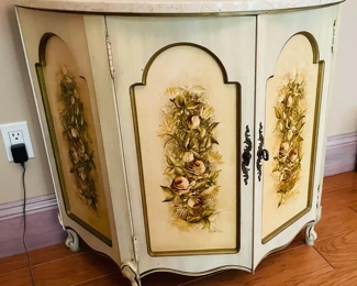$150 	
#8 Convex front painted floral design cabinet cream/gold demi lune marble top French provencal 36x30x18	