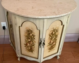 $150 	
#8 Convex front painted floral design cabinet cream/gold demi lune marble top French provencal 36x30x18	
