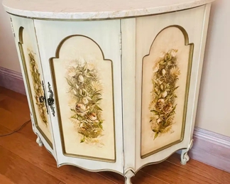 $150 	
#8 Convex front painted floral design cabinet cream/gold demi lune marble top French provencal 36x30x18	