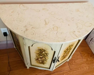 $150 	
#8 Convex front painted floral design cabinet cream/gold demi lune marble top French provencal 36x30x18	