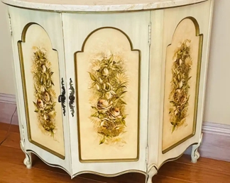 $150 	
#8 Convex front painted floral design cabinet cream/gold demi lune marble top French provencal 36x30x18	