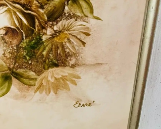 $150 	
#8 Convex front painted floral design cabinet cream/gold demi lune marble top French provencal 36x30x18	