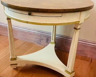 $95 	
#9  70's round wood top side table with cream base 									
		"one pull slide, 3 legged 24 x 22H"