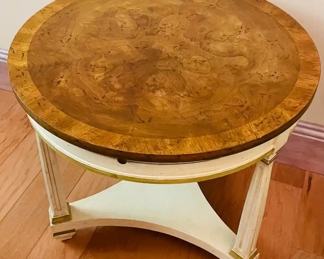 $95 	
#9  70's round wood top side table with cream base 									
		"one pull slide, 3 legged 24 x 22H"