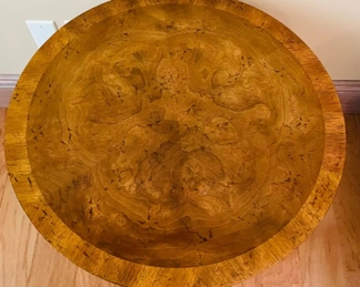 $95 	
#9  70's round wood top side table with cream base 									
		"one pull slide, 3 legged 24 x 22H"