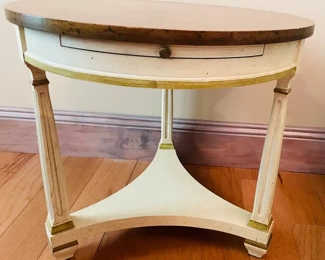 $95 	
#9  70's round wood top side table with cream base 									
		"one pull slide, 3 legged 24 x 22H"