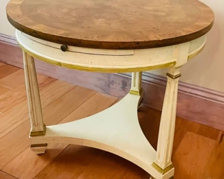 $95 	
#9  70's round wood top side table with cream base 									
		"one pull slide, 3 legged 24 x 22H"