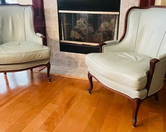 $300 	
#16 Pair of Ethan Allen French provencal leatherette armchairs Gray 28Wx33Dx39T	