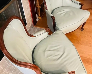 $300 	
#16 Pair of Ethan Allen French provencal leatherette armchairs Gray 28Wx33Dx39T	