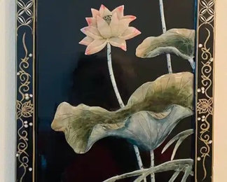 $50 
#32 Oriental black lacquer panel with stones floral 	