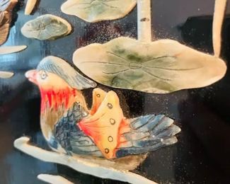 $50 
#32 Oriental black lacquer panel with stones floral 	