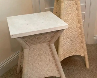 $90 	
#42 Set of rattan stands with square light weight									
		faux stone top 12x12 & 15x15	