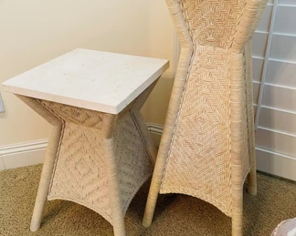 $90 	
#42 Set of rattan stands with square light weight									
		faux stone top 12x12 & 15x15	